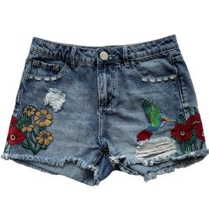 Dex Denim Emroidered Distressed Shorts with Hummingbird Flowers and Butterfly